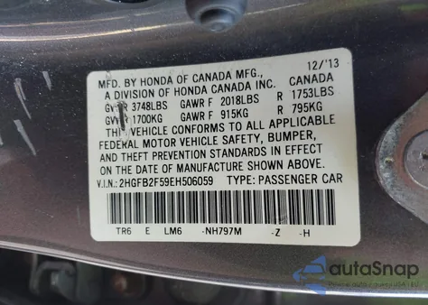 2014 Honda Civic Lx z USA, uszkodzony, nr VIN 2HGFB2F59EH506059